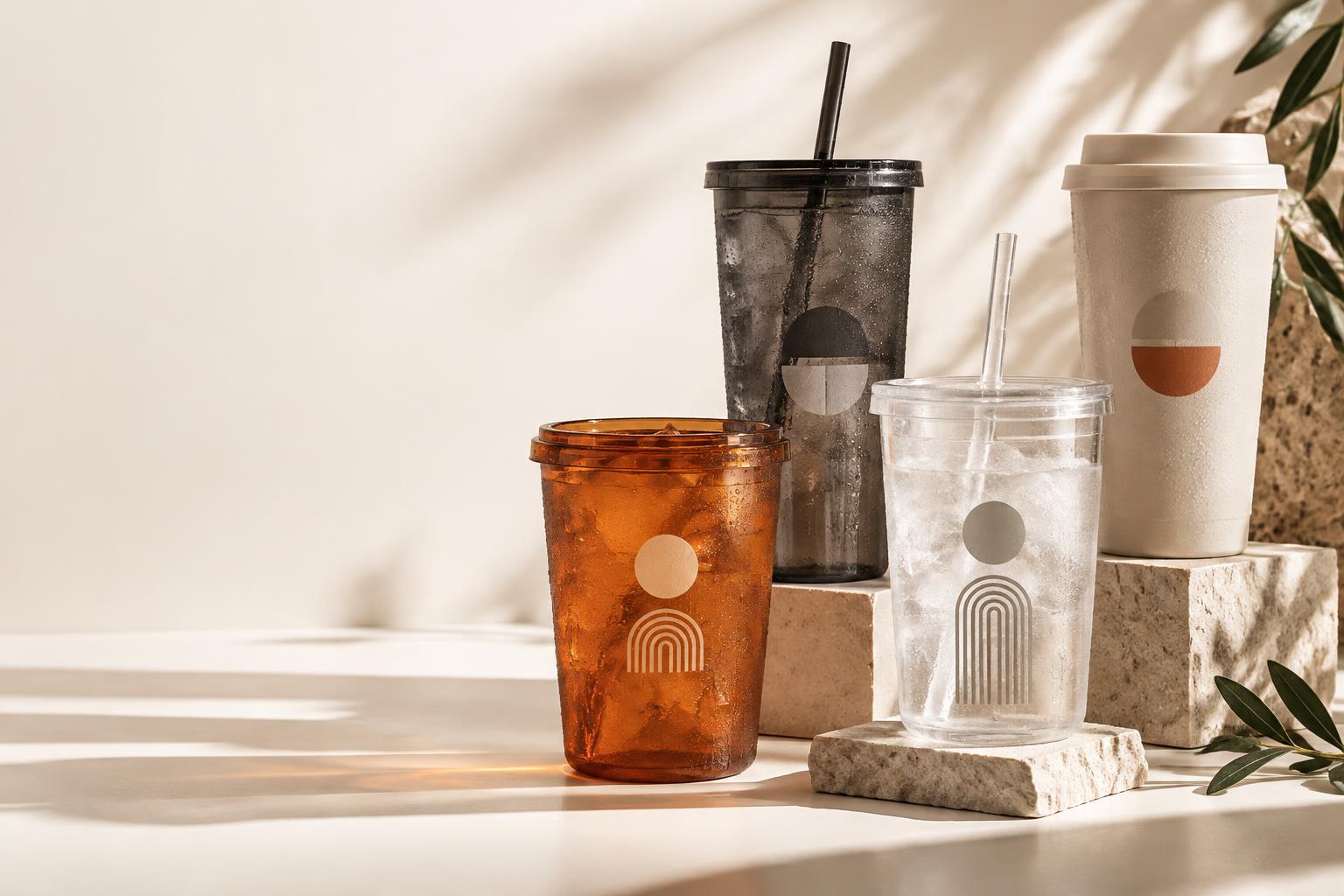 A collection of custom branded cups and tumblers